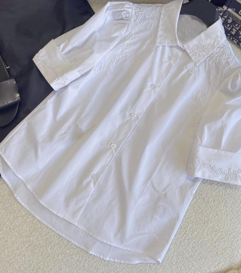 

Women' Blouses Floral Embroidery Short-sleeved Shirt Fashion Temperament Exquisite Elegant Slim 2022 Summer 0713, White