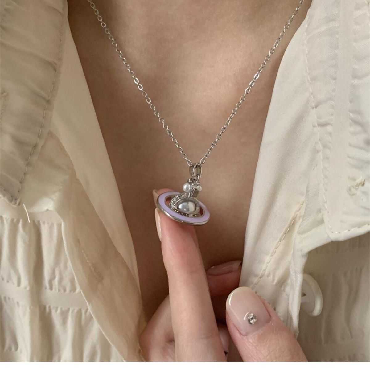 

Designer vivina necklace Saturn The small Western Queen light pink purple exquisite Saturn pearl