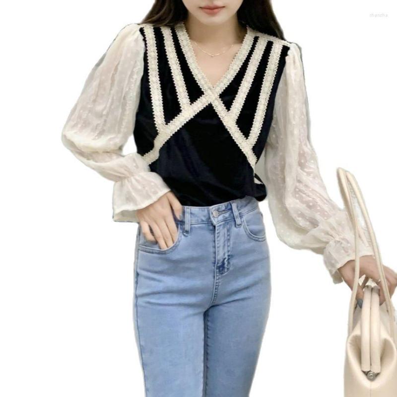 

Women's Blouses Velvet Lace Stitch Long Sleeved Korean Autumn Elegant Fashion And Tops Women'S Shirt Clothing 2022 Female Vintage, Black