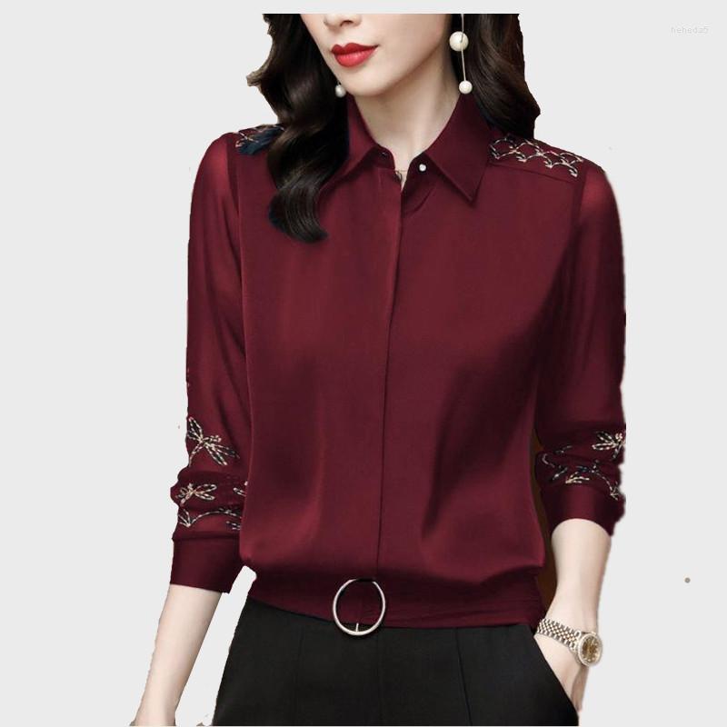 

Women's Blouses Women Spring Autumn Shirts Long Sleeve Polo-Neck Embroidery Lace Splice Office Style Collar Tops Blusas Fashion MM0274, Green