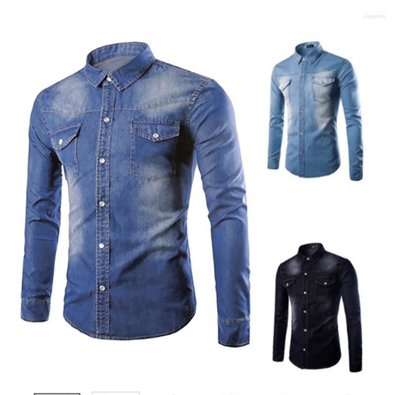 

Men's Casual Shirts 2022 Fashion Mens High-grade Denim Shirt Long Sleeve Cotton Jeans Cardigan Slim Fit Men Two-pocket Tops Clothing, Black