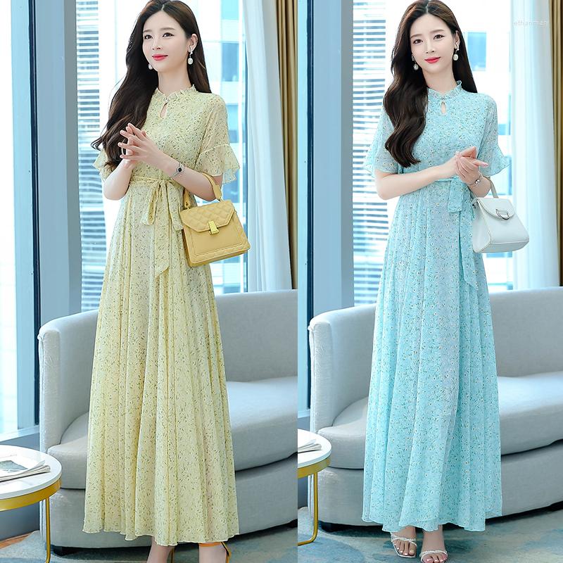 

Casual Dresses Women' Round Neck Chiffon Dress Long Printed Skirt, Blue