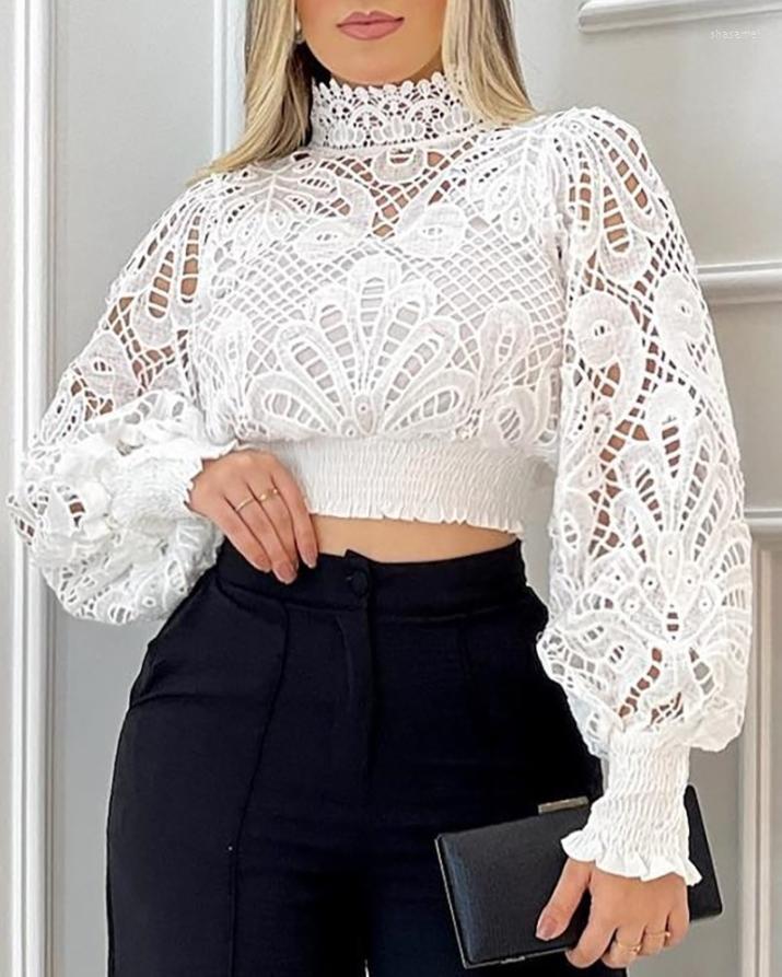 

Women' Blouses Elegant Casual Lantern Sleeve Mock Neck Lace Crop Top T-shirts Fashion Woman 2022 Women' Outfits Clothing