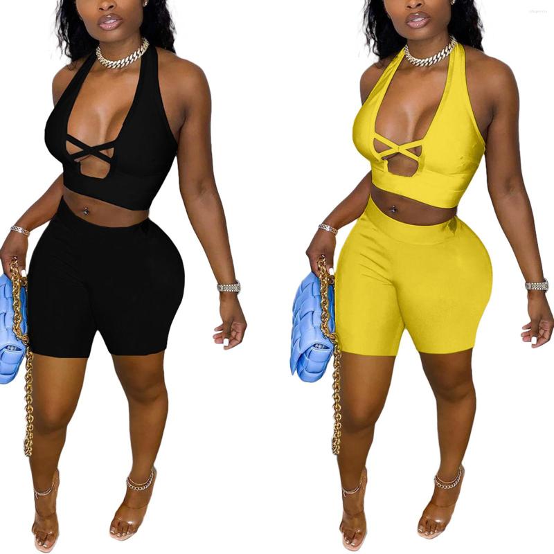 

Women' Tracksuits 2022 Summer Woman Girls Solid Color Sleeveless Backless Crop Tops Shorts Pant Bottom 2PCS Slim Bodycon Clothes Set, Black