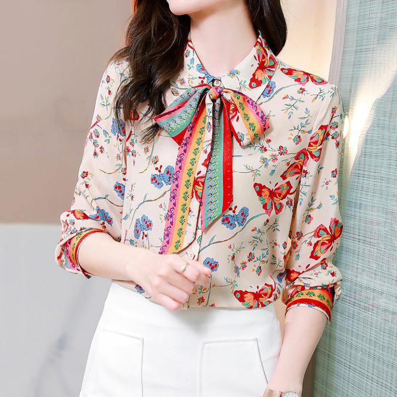 

Women's Blouses Spring Clothing Women Shirts Fashion Elegance Ladies Full Sleeve Bow Collar Chiffon Print Shirt Tops SL295, Multi