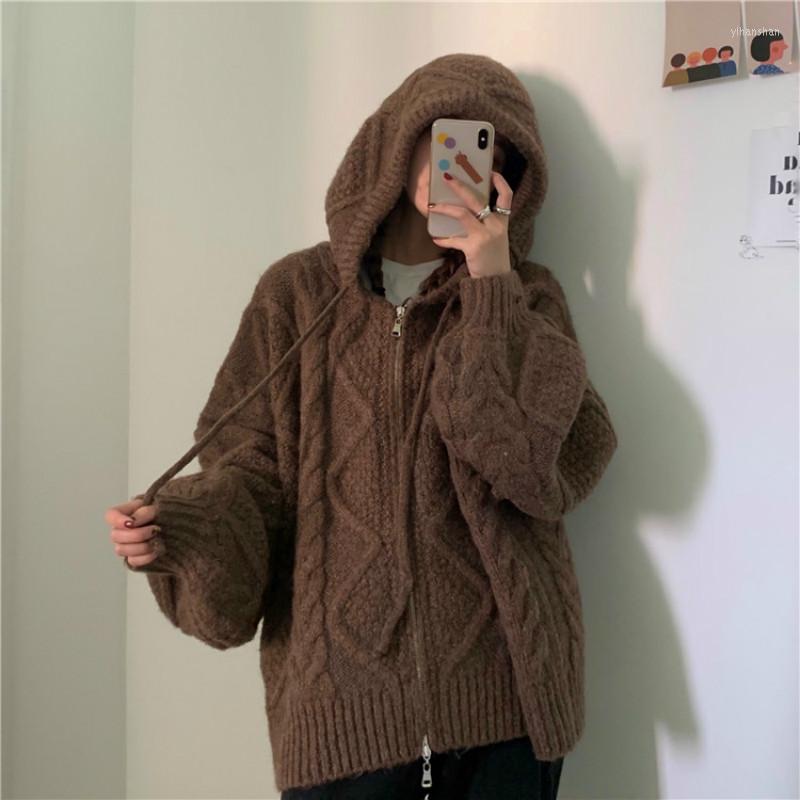 

Women's Knits Women Autumn Winter Twist Zipper Hooded Sweater Coats Knitted Cardigan Jacket Oversized Long Sleeve Outwear Teddy Coat Brown, Beige