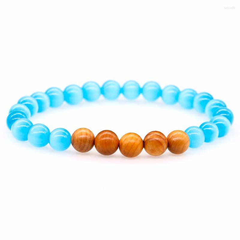 

Strand 8MM Natural Wooden Beads With Blue Opal Stone Bracelet For Women Yoga Balancing Chakra Reiki Spiritual Men Jewelry