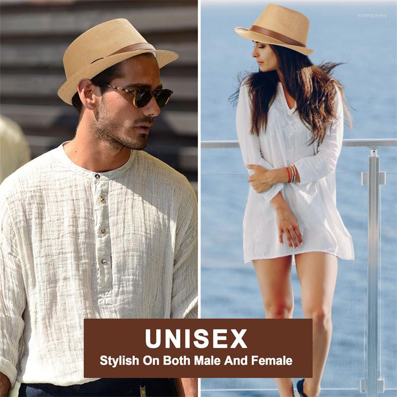 

Berets Jovivi Spring Summer Hats Sun Protection Panama Straw Fedora Hat Short Brim Beach Cap With Black Belt Men Women Jazz, White