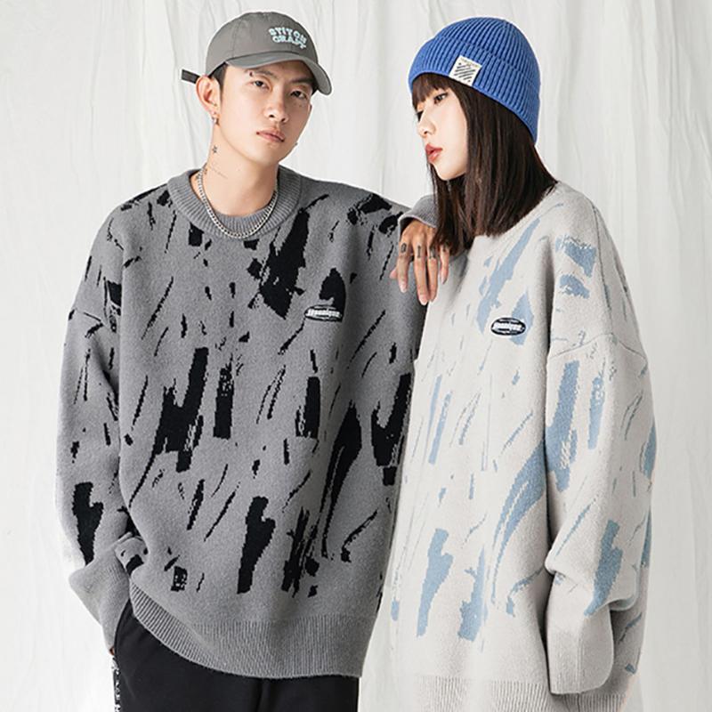 

Men's Sweaters Japanese Harajuku Sweater Winter Mens Clothes Splash Round Neck Pullovers Knitted Couples Hip Hop Loose Fashion Tops, Dark gray