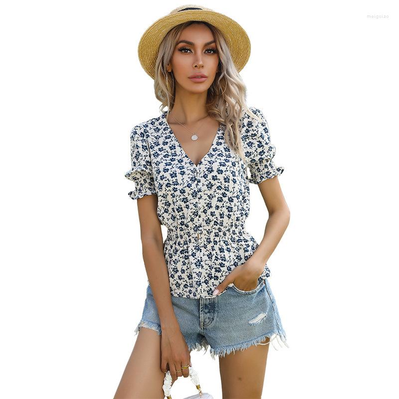 

Women' T Shirts Loose Casual Shirt Summer Women Printed Top V-neck Short-sleeved Button Up Floral