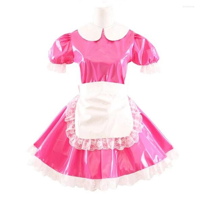 

Sexy Costumes Sweet Women Summer Sissy Dress Short Sleeve Cosplay Costume Lady Patent Leather Dresses Cute French Maid Mini Club S-7XL, Beige