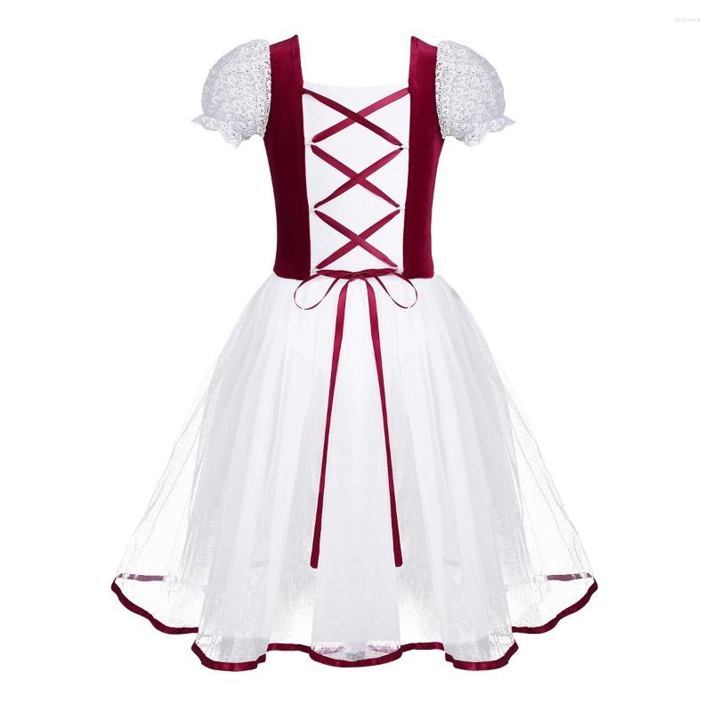 

Stage Wear Kids Girls Lace Bubble Sleeves Dancewear Gymnastics Leotard Tutu Ballet Figure Skating Dress Performance Lyrical Dance Costumes, Burgundy