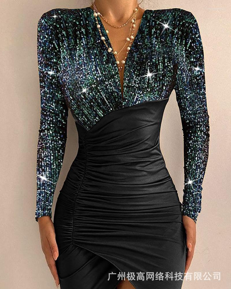 

Casual Dresses Sexy Women' V-neck Long-sleeved Tight Dress Sequin Stitching Ruffled Asymmetrical Dating Party Female 2022 Fall Fashion