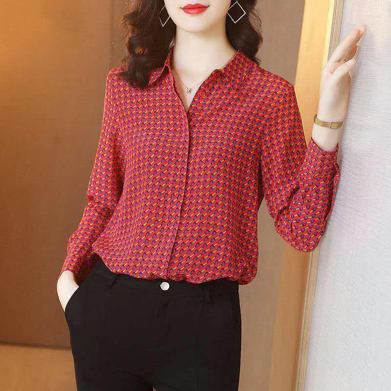 

Women's Blouses Women Spring Autumn Style Chiffon Shirts Lady Long Sleeve Turn-down Collar Plaid Printed Blusas Tops DF0010, Red