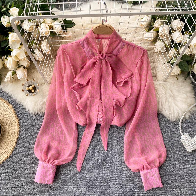 

Women' Blouses Autumn Ladies Sweet Pink Chiffon Shirt Vintage Print Lace-Up Bow Tops Spring Women' Long-Sleeve Elegant Single-Breasted