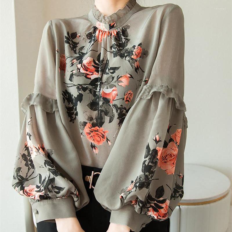 

Women's Blouses Temperament Lantern Sleeve Casual Shirts Lady Half High Collar Print Blusas Tops Loose Long DM0039, Green