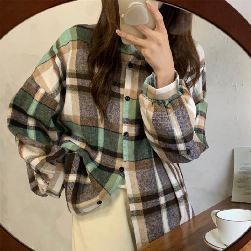 

Women's Blouses & Shirts JMPRS Vintage Women Plaid Shirt Button Fall 2022 Loose Long Sleeve Casual Thick Korean Female Top Turn Down Drop, Green