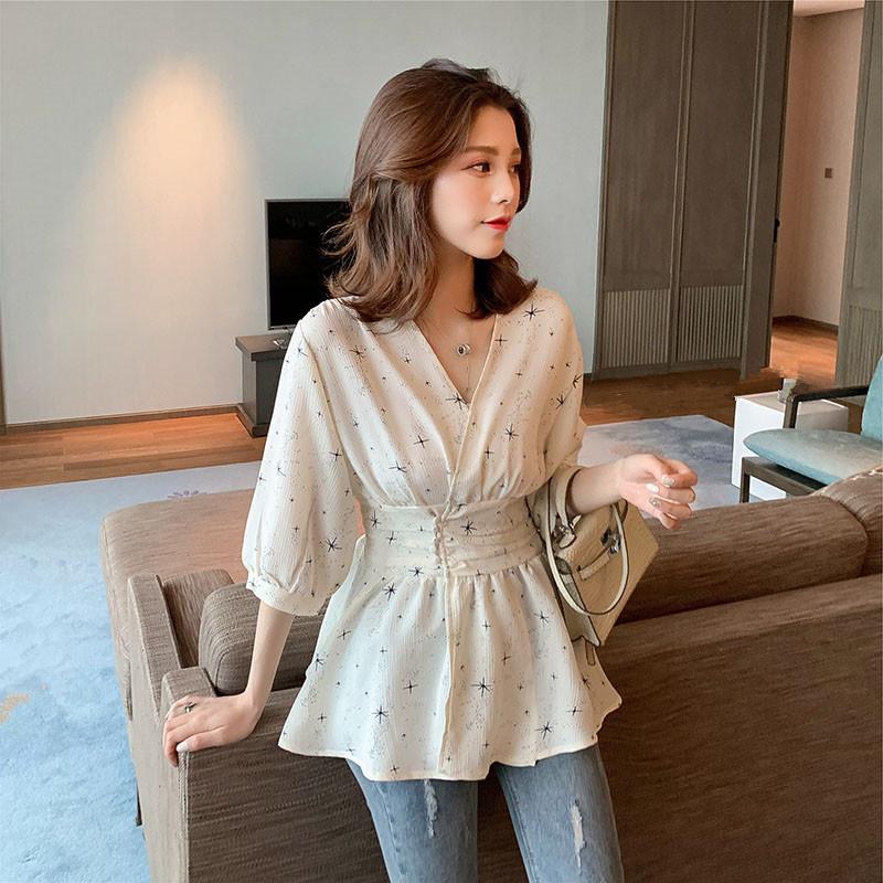 

Women' Blouses & Shirts #4085 Black Apricot Sexy Blouse Women Deep V Neck Print Short Sleeves Tops For Elastic Waist Tunic Korean Style