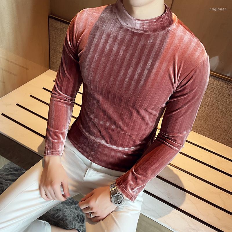 

Men's T Shirts Stylish Pink Turtleneck Velour Trendy Striped Velvet Pullover Mens Slim Fit Winter Tops Unusual Clothes For Men Fashion