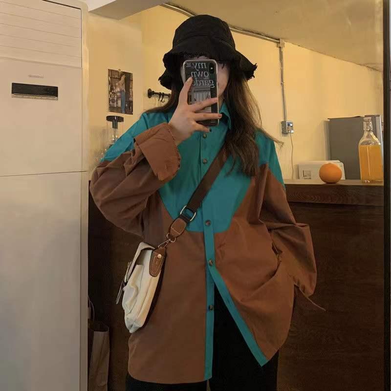 

Women's Blouses & Shirts 2022 Retro Color Contrast Design Fashion Loose Long Sleeve Top Unisex Clothes Lapel Collar Blouse Size -2XL, Brown green