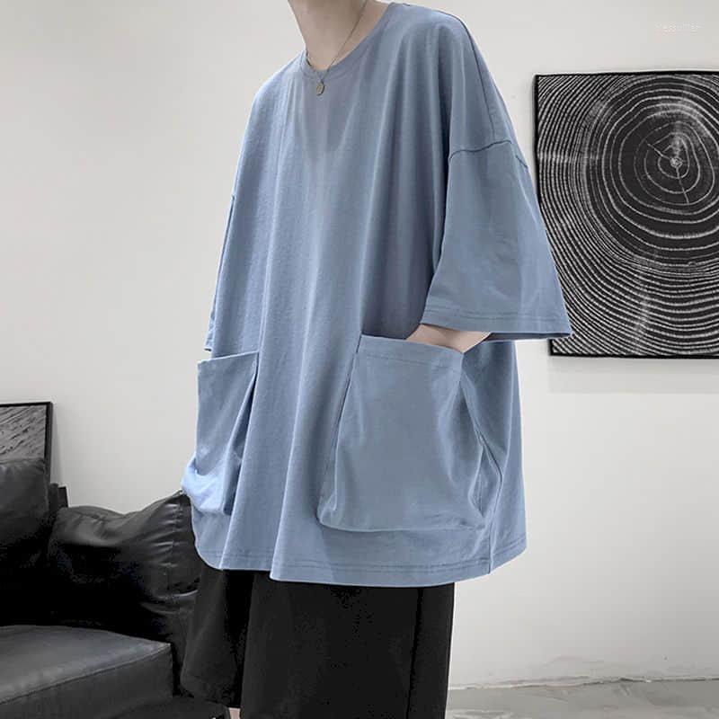 

Men's T Shirts Short-sleeved T-shirt Japan Loose Hip-hop Harajuku Big Pocket Top Korean Simple Trend Preppy Style Punk Streetwear, Blue