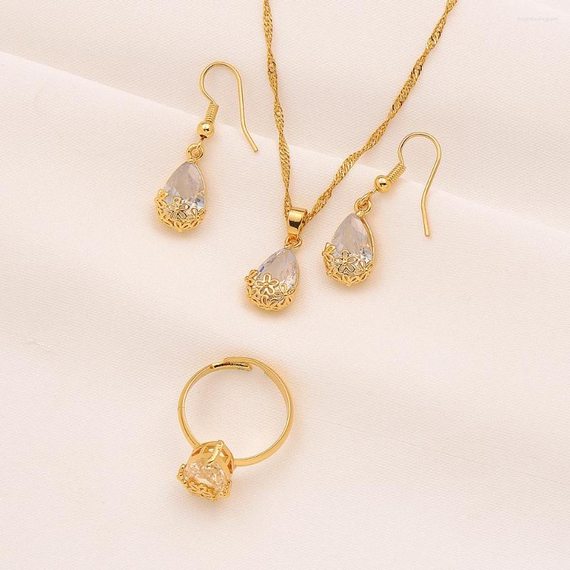 

Necklace Earrings Set 24K Fine Gold Filled Pendant Ring Twisted Chain Water Drop White CZ Lucency Bridal Wedding Party, Picture shown