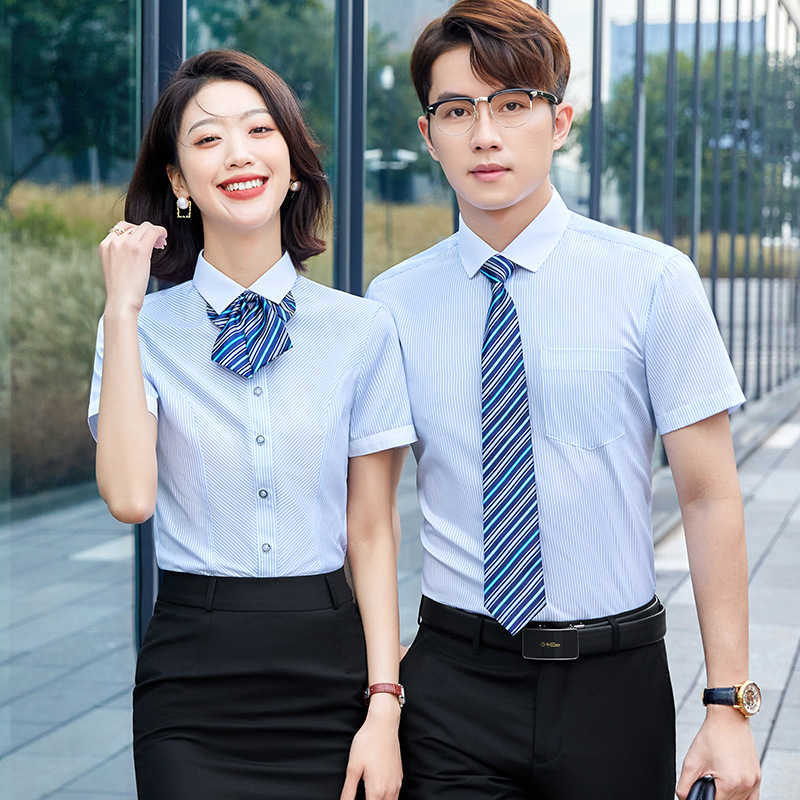 

Women's Two Piece Pants Work Clothes Summer Short Sleeve Striped Interview Formal Busin Men and Women with the Same Profional Shirt Slim Teacher, Men's blue striped shirt