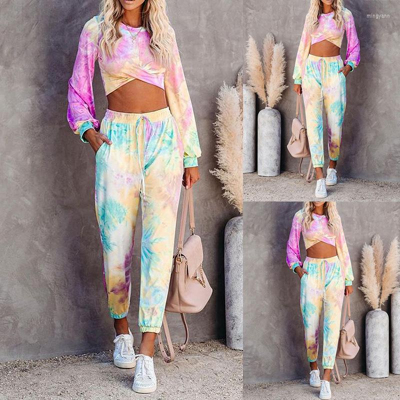 

Women' Tracksuits Tie-dye Print Cropped Top Trousers Ladies Two-piece Pink Casual Home Commuter Suit Spring And Autumn Trendy Fashion