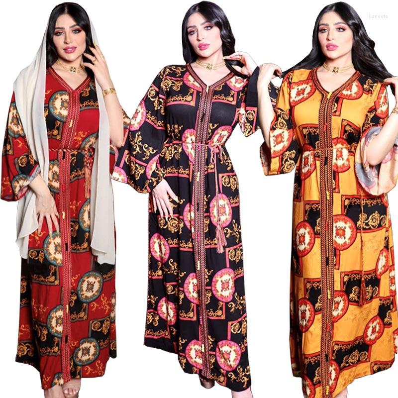 

Ethnic Clothing Ramadan Eid Satin Abaya Dubai Kaftan Muslim Dress Slam Djelaba Robe Longue Femme Printed Musulman Abayas With Belt Wy373