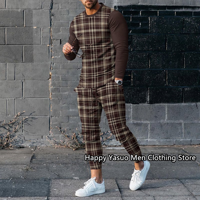 

Men' Tracksuits Long Sleeves TshirtPants 2Pcs Sets Plaid 3d Print Set Male Tracksuit Sportwaer Jogger Outfit Suit Fashion Men Clothes 221207