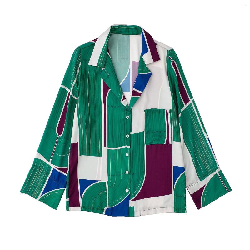 

Women's Blouses 2022 Women Fashion Patch Pocket Printed Loose Shirts Vintage Long Sleeve Button-up Female Blusas Chic Tops, Green