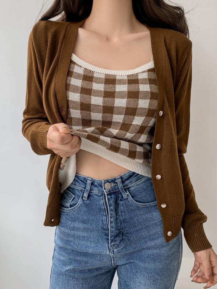 

Women's Knits Women Knitted Sweater Sexy Two Piece Set Spring Autumn Long Sleeve Loose Tops Solid Color Cardigan And Plaid Vest, Khaki