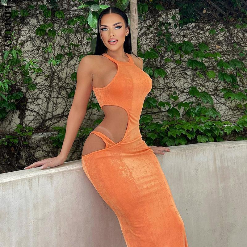 

Casual Dresses Hollow Sleeveless Slit Dress For Women 2022 Summer Sexy Temperament Halter Club Party Festival Long Woman ClothingCasual, Orange