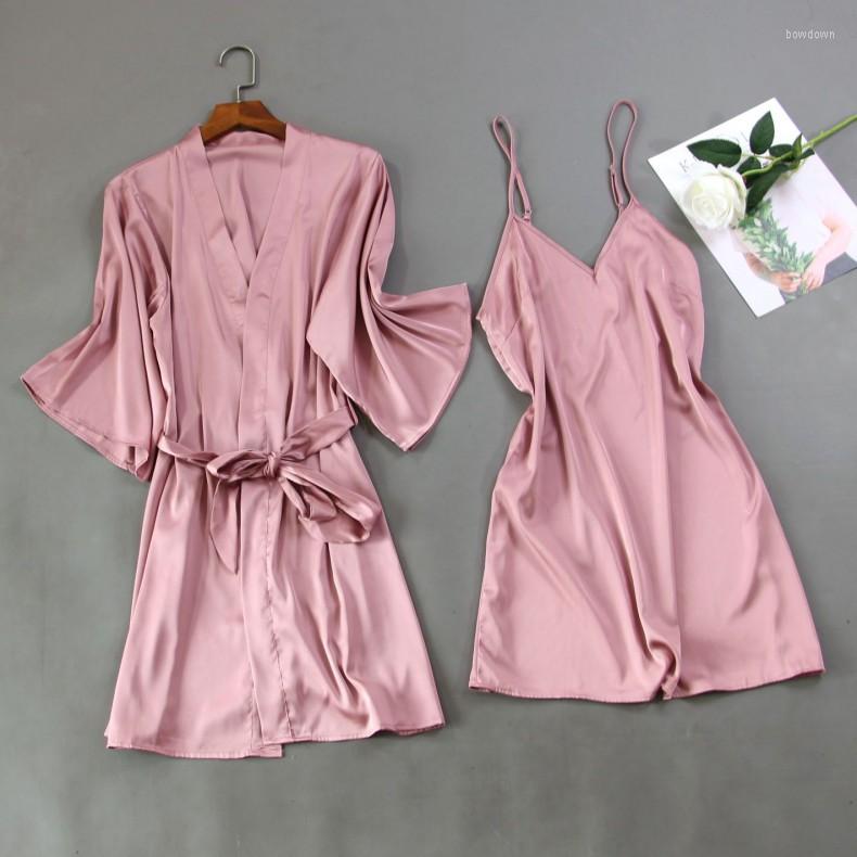 

Women's Sleepwear Pink Solid Nighty&Robe Gown Sets V-Neck Spring Womens Nightgown Bridal Wedding Dress Silky Belt Bathrobe Sleep Suit, Burgundy - c