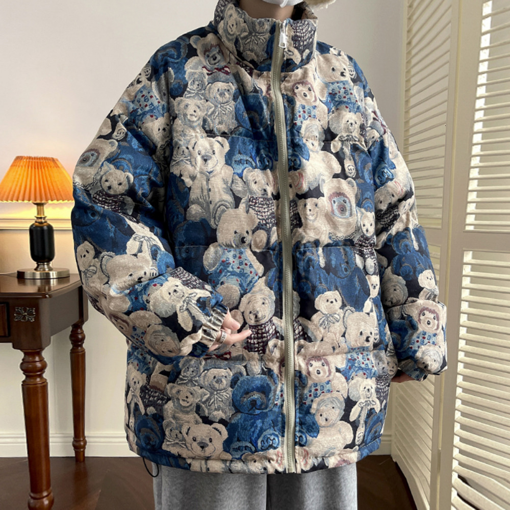 

Men's Down Parkas Bear Full Printed Thick Jackets Coats Winter Jacket Men Vintage Y2K Harajuku Loose Windbreaker Padded Coat 221207, Blue