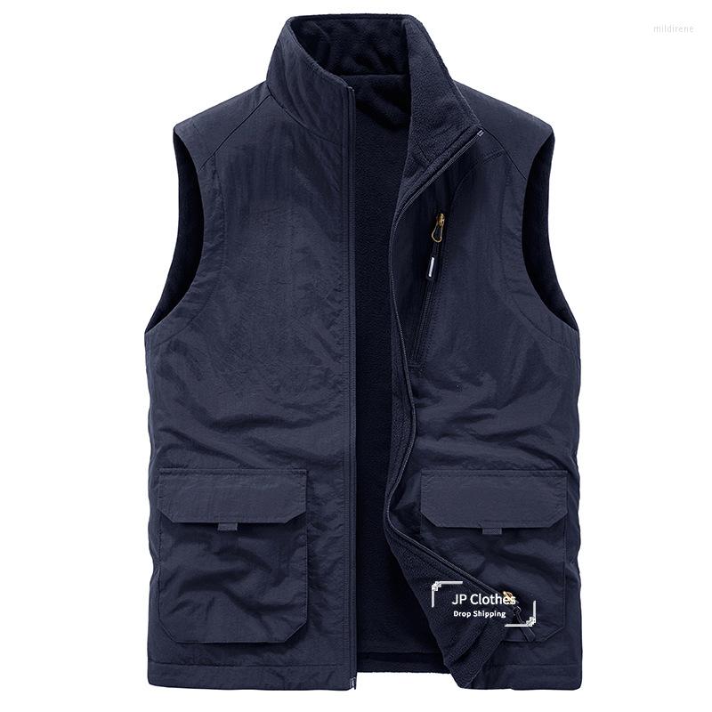 

Men's Vests Men's Warm Autumn Winter Casual Outdoor Vest Velvet Plus Size Waistcoat Fleece Multi-pocket Cotton Tank Sleeveless Jacket, Khaki