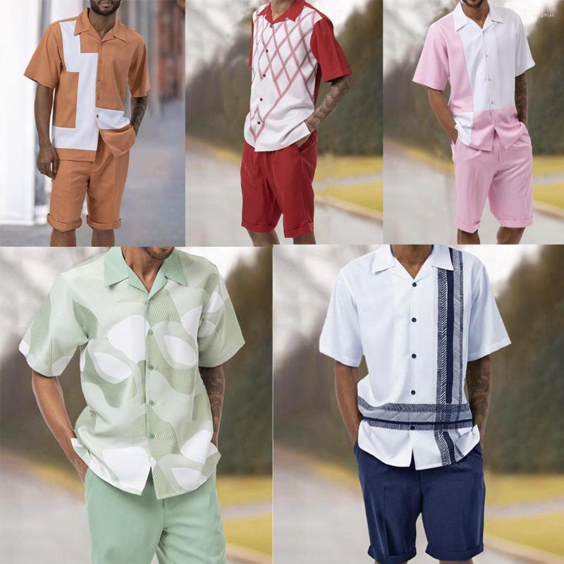 

Men's Casual Shirts Men's Two-Piece Cuban Collar Printed Short Sleeve Walking Suit Pants Contrast Color Button 2022, Fly-sy3navy
