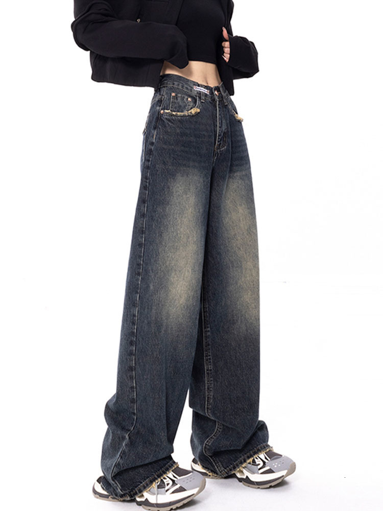 

Women's Jeans Y2k Chic Women Dark Blue Straight Loose BF High Waist Casual Jean Female Denim Wide Leg Pants Autumn Winter Trousers 221207, Deep blue