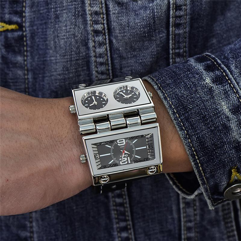 

Wristwatches Oulm 2 Dials Unique Mens Watches Radio Design 3 Time Zone Big Watch Man Leather Strap Casual Sports Wristwatch Relojes Hombre, Brown