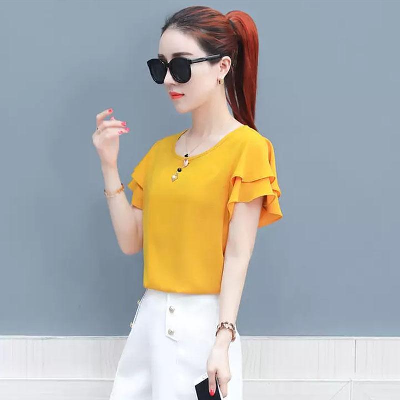 

Women' Blouses & Shirts Women Summer Style Chiffon Lady Casual O-Neck Short Flare Sleeve Blusas Tops DF2913, White