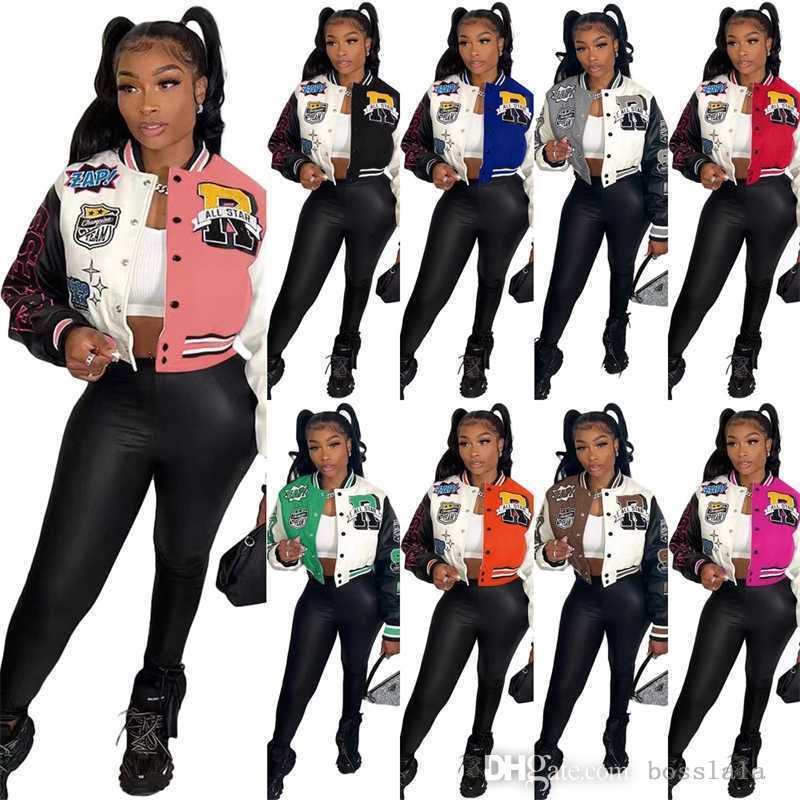 

Women Letter Printed Double Threaded Baseball Jacket Girls Varsity Coat Desinger Cropped Patchwork Button Letterman Jackets, Rose pink