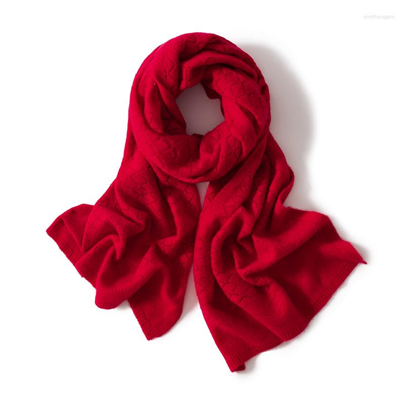 

Berets 2022 Winte Long Scarf Pure Goat Cashmere Knitted Ladies Soft Warm 180 30cm Hollowed Out 7Colors Scarves For Women, White