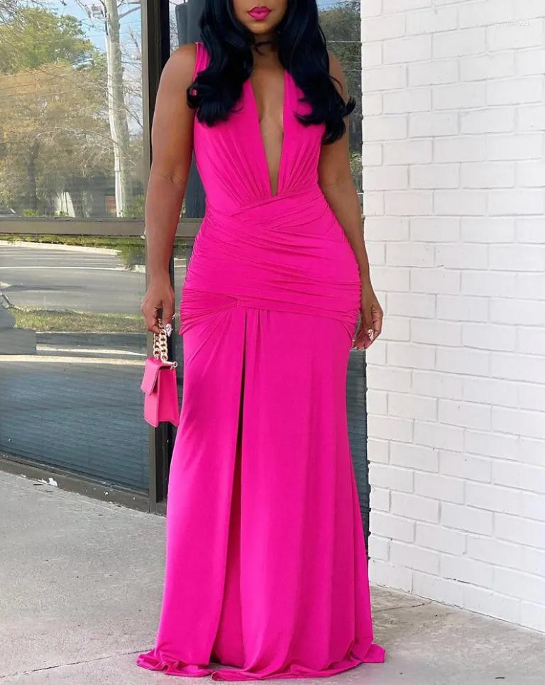 

Casual Dresses 2022 Summer Women' Sexy Plunging Neck Ruched High Slit Party Dress Plain