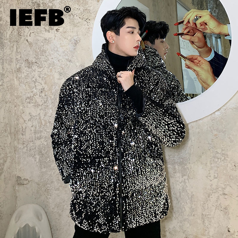 

Men's Down Parkas IEFB Hooded Sequins Male Padded Jacket Fashion Unique Design Stage Clothing Winter Korean Zipper Cotton Coat 9A6478 221207, Silver