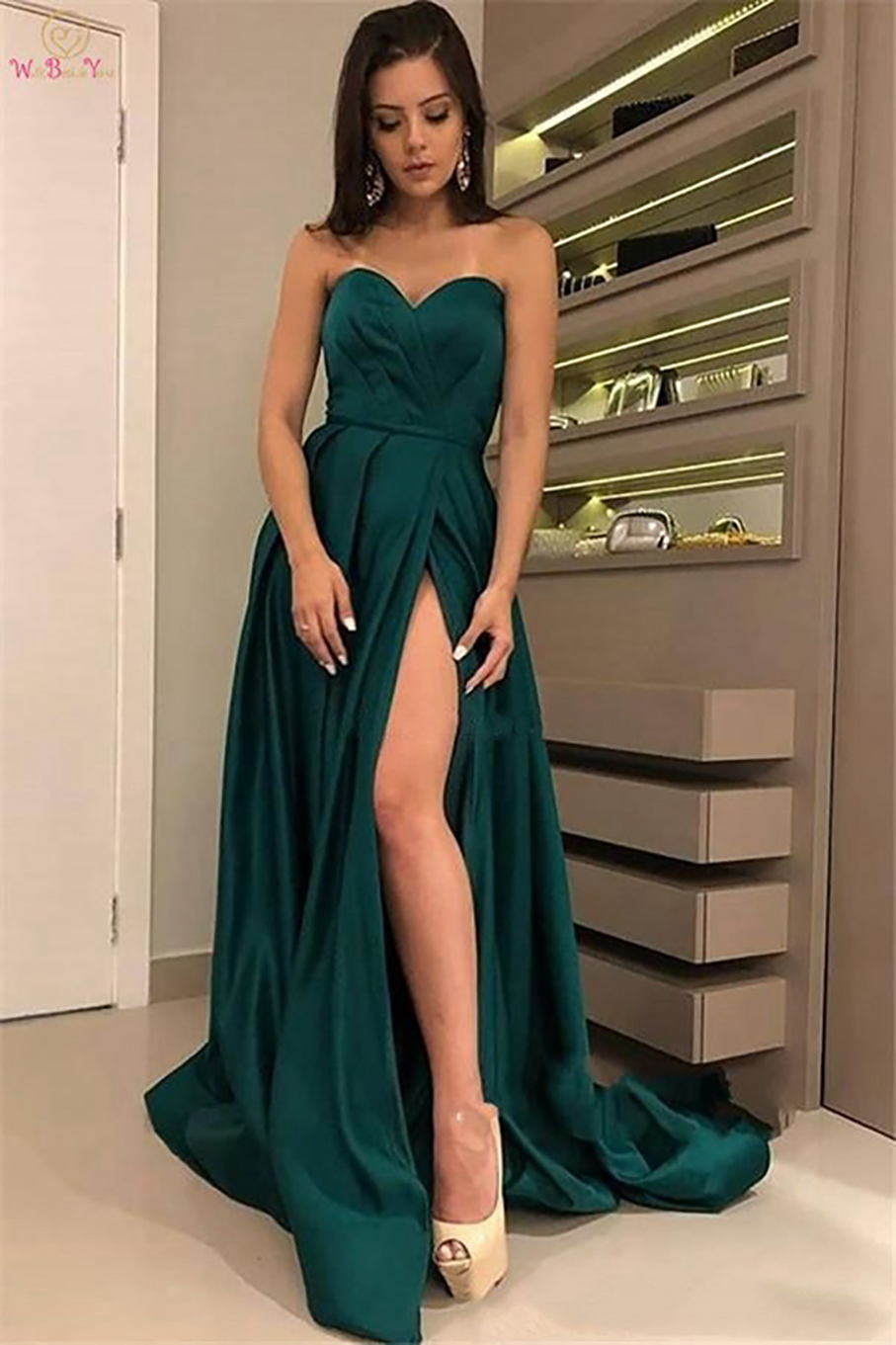 

Sexy Slit Strapless Pleat Prom Party Evening Dresses Vestido De Noiva Sereia Gown Robe De Soiree Simple Satin Lace-up Dress Gowns, Dark red
