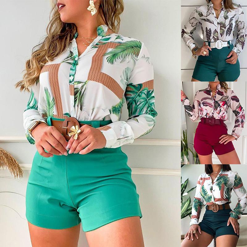 

Women's Tracksuits Printed Shorts Suit Women Summer 2022 Fashion Casual Stand Collar Long Sleeve Shirt Two Piece