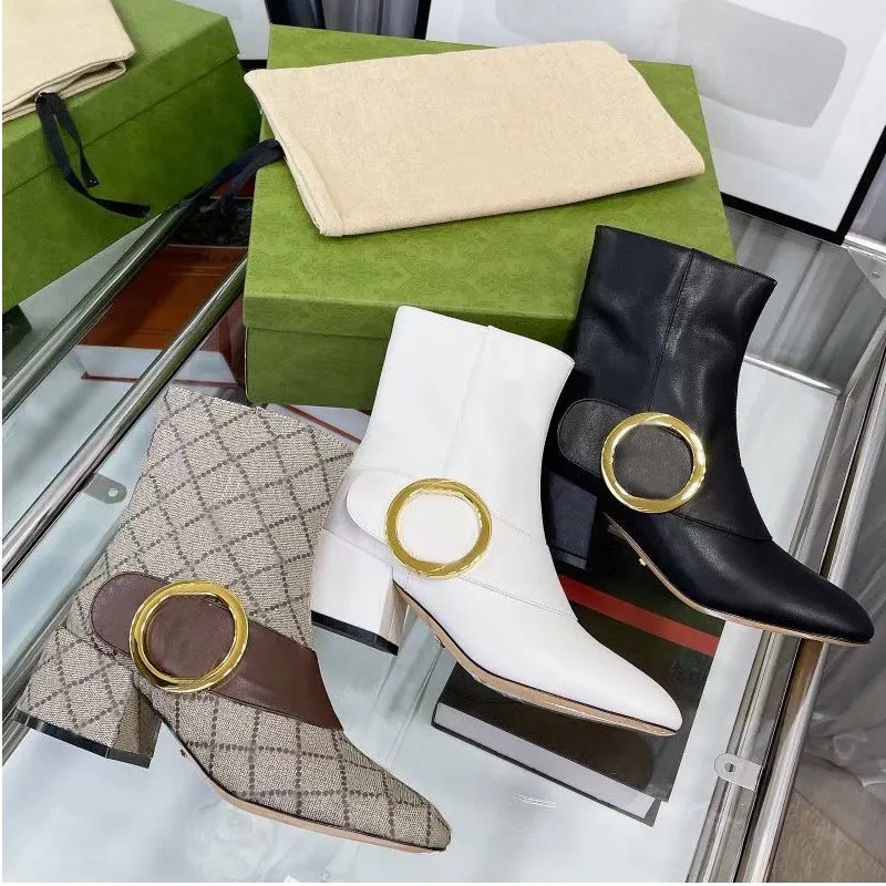 

woman cowhide zipper boots Metal buckle designer boot Leather lady Belt buckle Letter High Heels fashion Autumn winter Thick heel women shoe Large size 35-42 with box, Black