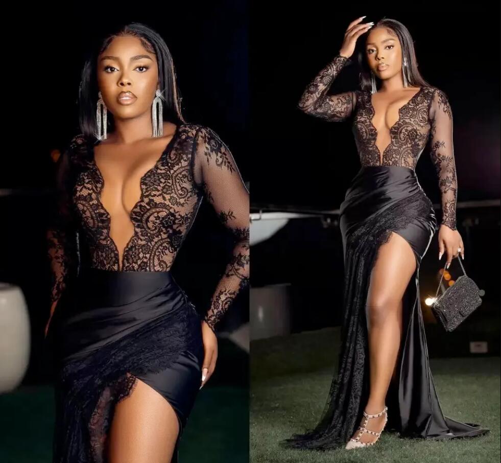 

Black Lace Evening Dresses deep V Neck african Long Sleeves High Slit Women Party Prom Dressing Gowns Mermaid Plus Size, Same as picture