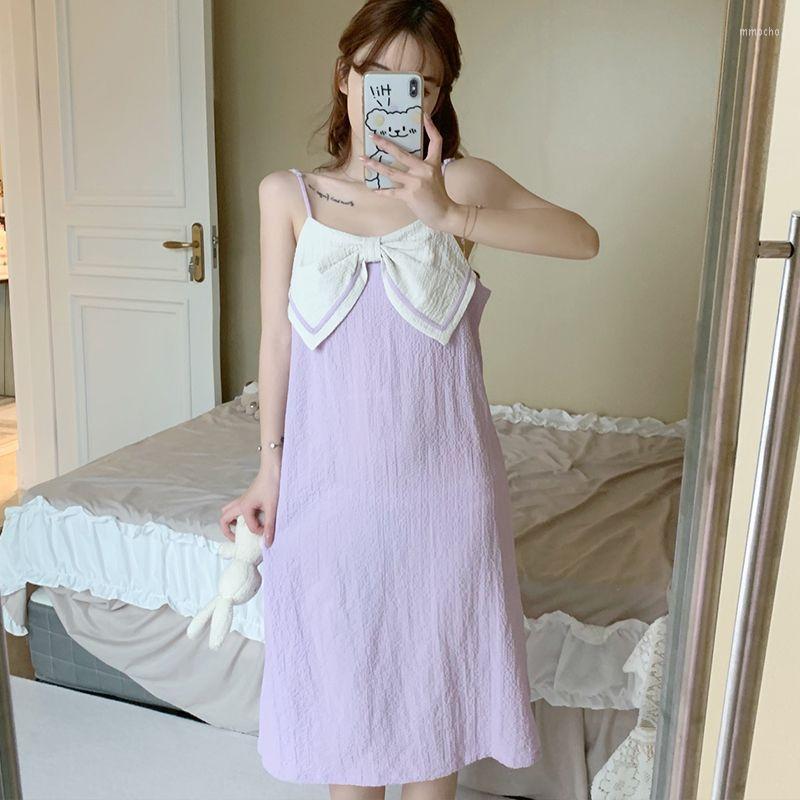 

Women's Sleepwear Summer Women's Pajamas Bubble Cotton Suspenders Nightdress Big Bow Tie Sexy Dress Ins Style Sleveless Nightwear, As shown