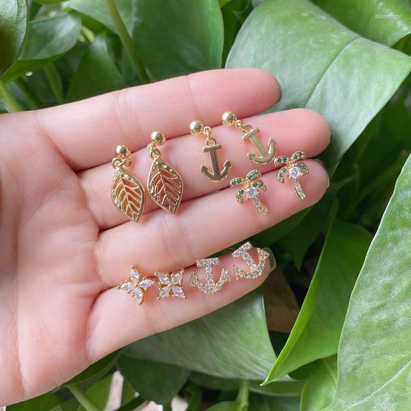 

Stud Earrings 5Pairs/lot Zircon Stone For Women Small Gold Leaf Studs